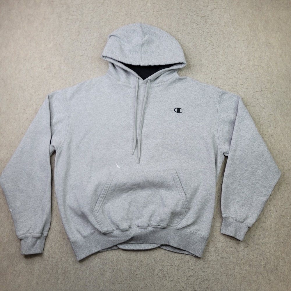 Champion Eco Fleece Hoodie Mens Large Gray Heavyweight Pullover Drawstring Paint